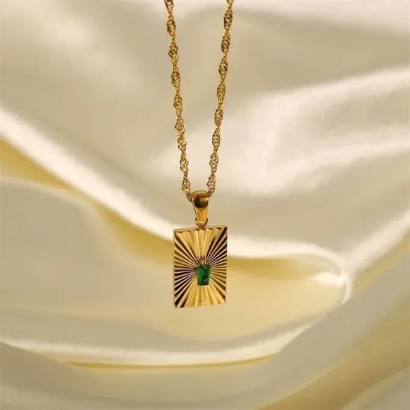 Emerald Green Cubic Zirconia 18K Gold Plated Stainless Steel Pendant Necklace - Picture 12 of 15